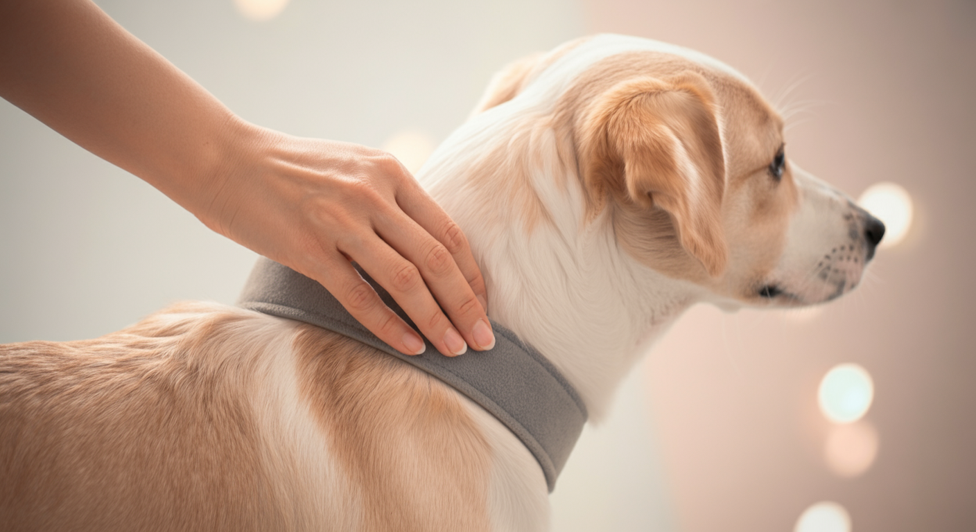 飼い主が犬の背中に優しくマナーベルトを当てている手元の写真。