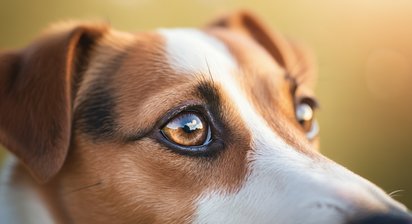 パステルイエローのUVハットをかぶった犬の瞳のクローズアップ。瞳には青空が映っている。