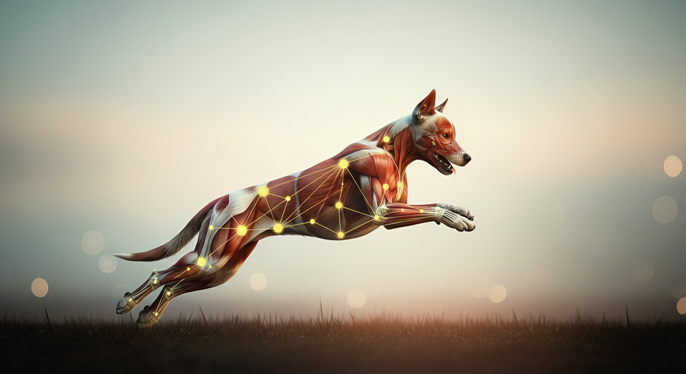 跳躍する犬のシルエットに、関節や筋肉の繋がりを示す光の線が描かれたイラスト。
