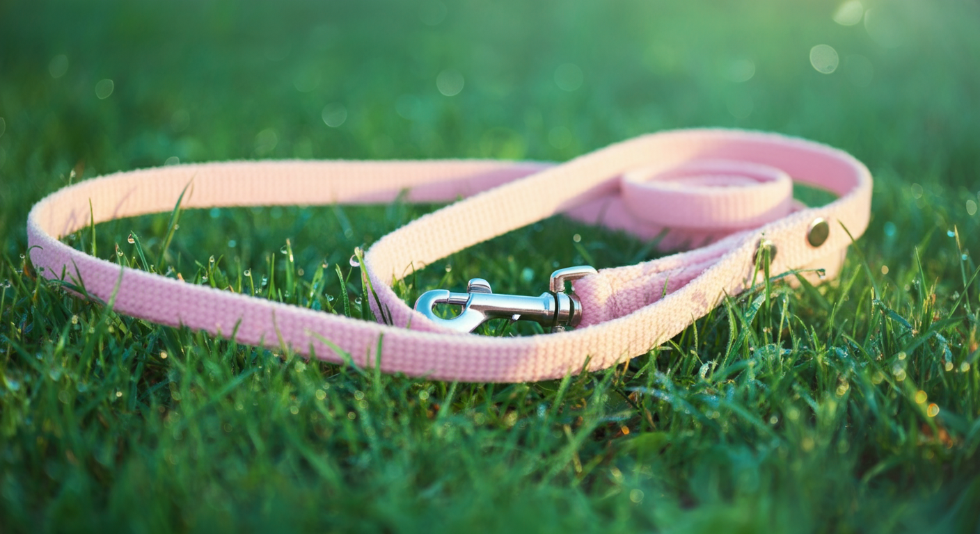 朝露に濡れた緑の芝生の上に、パステルカラーのロングリードが綺麗に巻かれて置かれている。