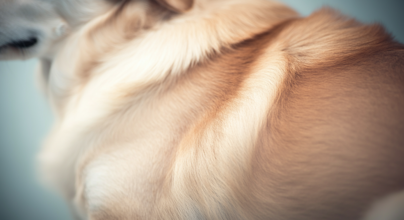 健康的な犬の毛並みと皮膚の質感を捉えた抽象的な写真。下から柔らかい光が当たり、健康を象徴している。