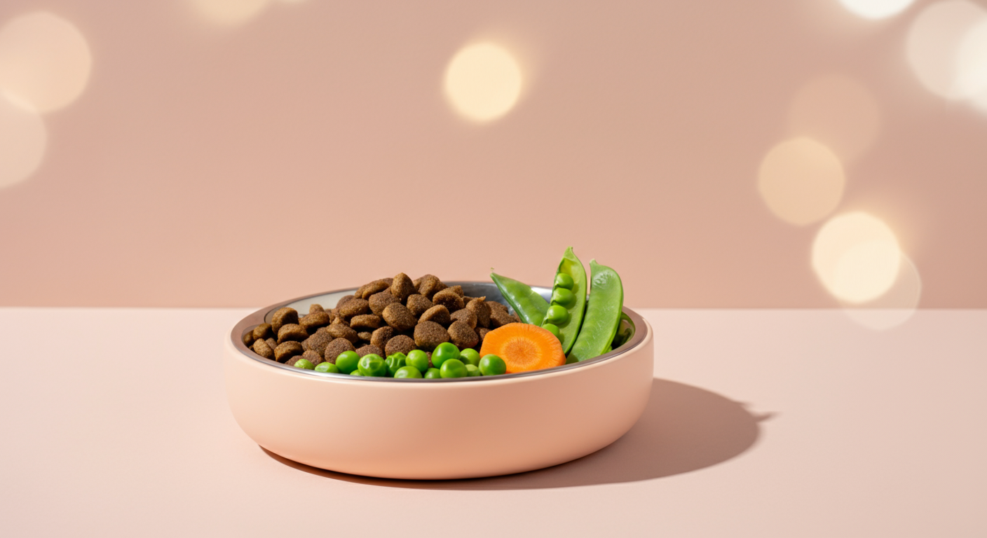 ドッグフードや野菜が美しく盛り付けられたフードボウル。栄養バランスを意識した、パステルカラーのミニマルな写真。