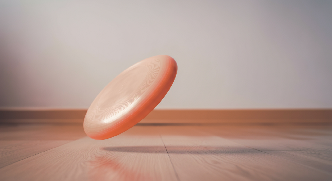 室内でフローリングの上を転がっていくフリスビーの動き。