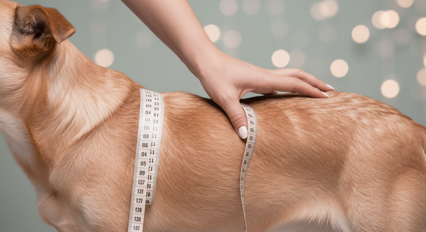 飼い主の手が、おとなしく立っている犬の背中に優しくメジャーを当てて採寸している様子。