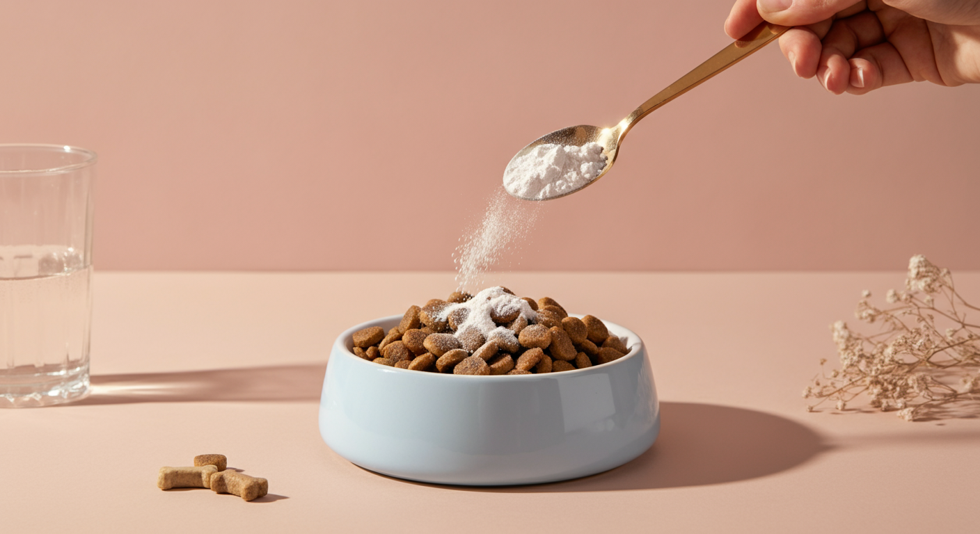 パステルカラーのドッグフードボウルに、スプーンから白い粉末が優しく振りかけられている様子の写真。