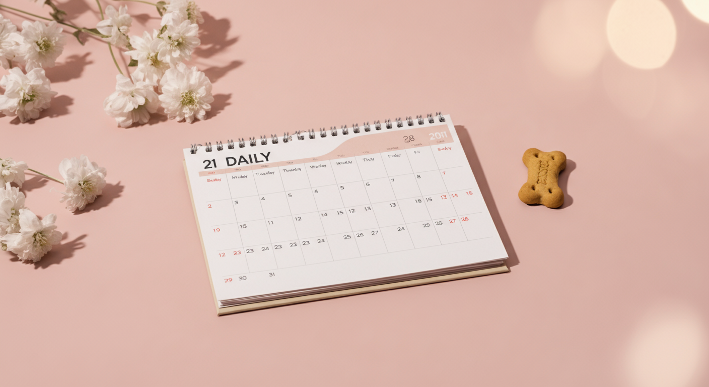 パステルカラーのミニマルな空間で、日めくりカレンダーの横に犬用ビスケットが一つ置かれている。