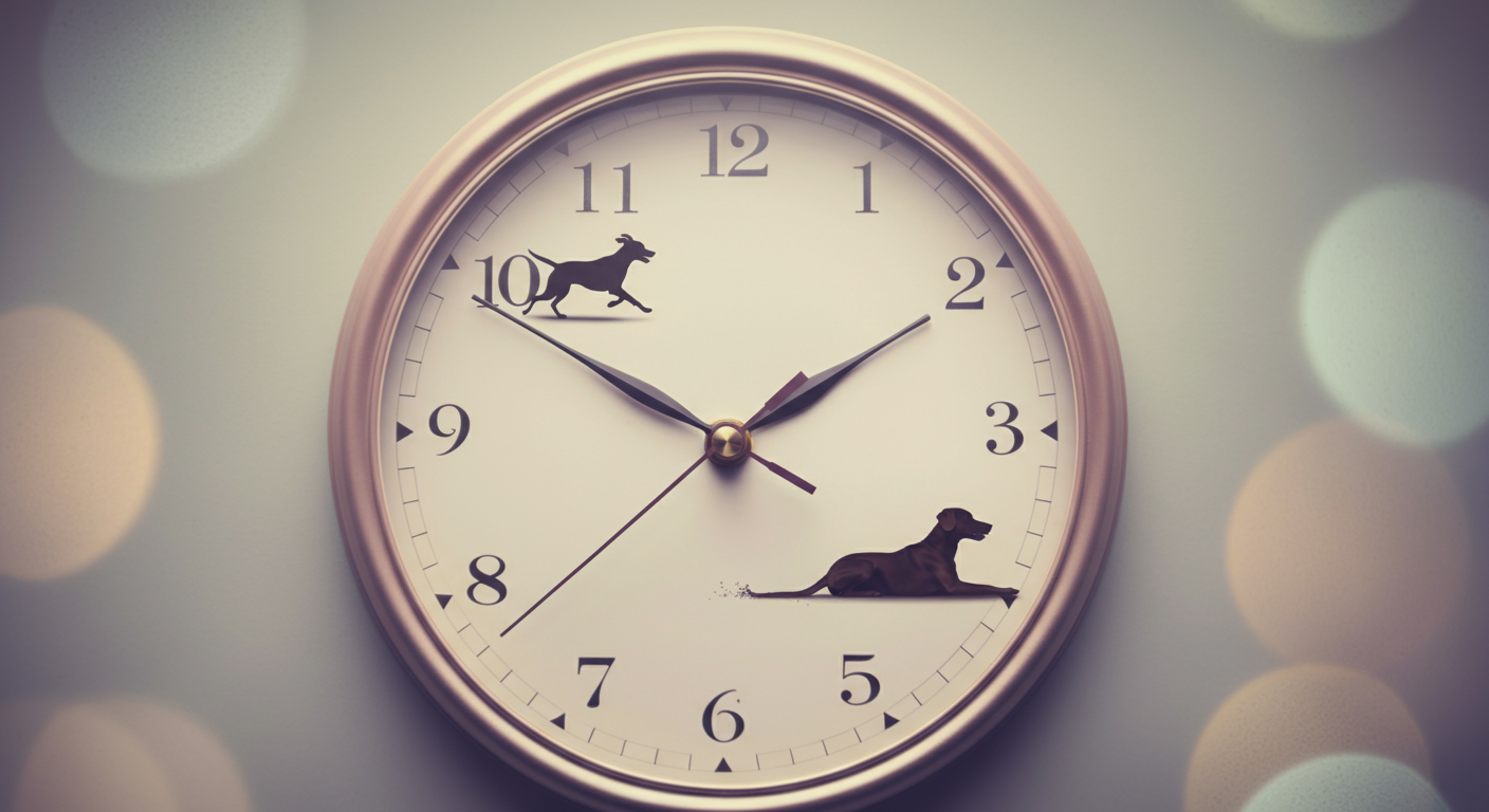 時計の文字盤をモチーフに、走る犬と休む犬のシルエットで「前」と「後」のタイミングを表現した抽象的な写真。