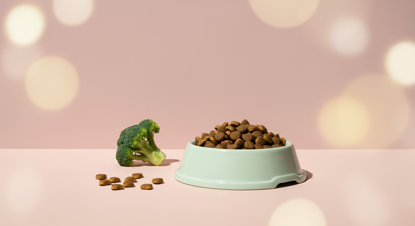 パステルカラーのフードボウルに入った数粒のドッグフードと緑の野菜。