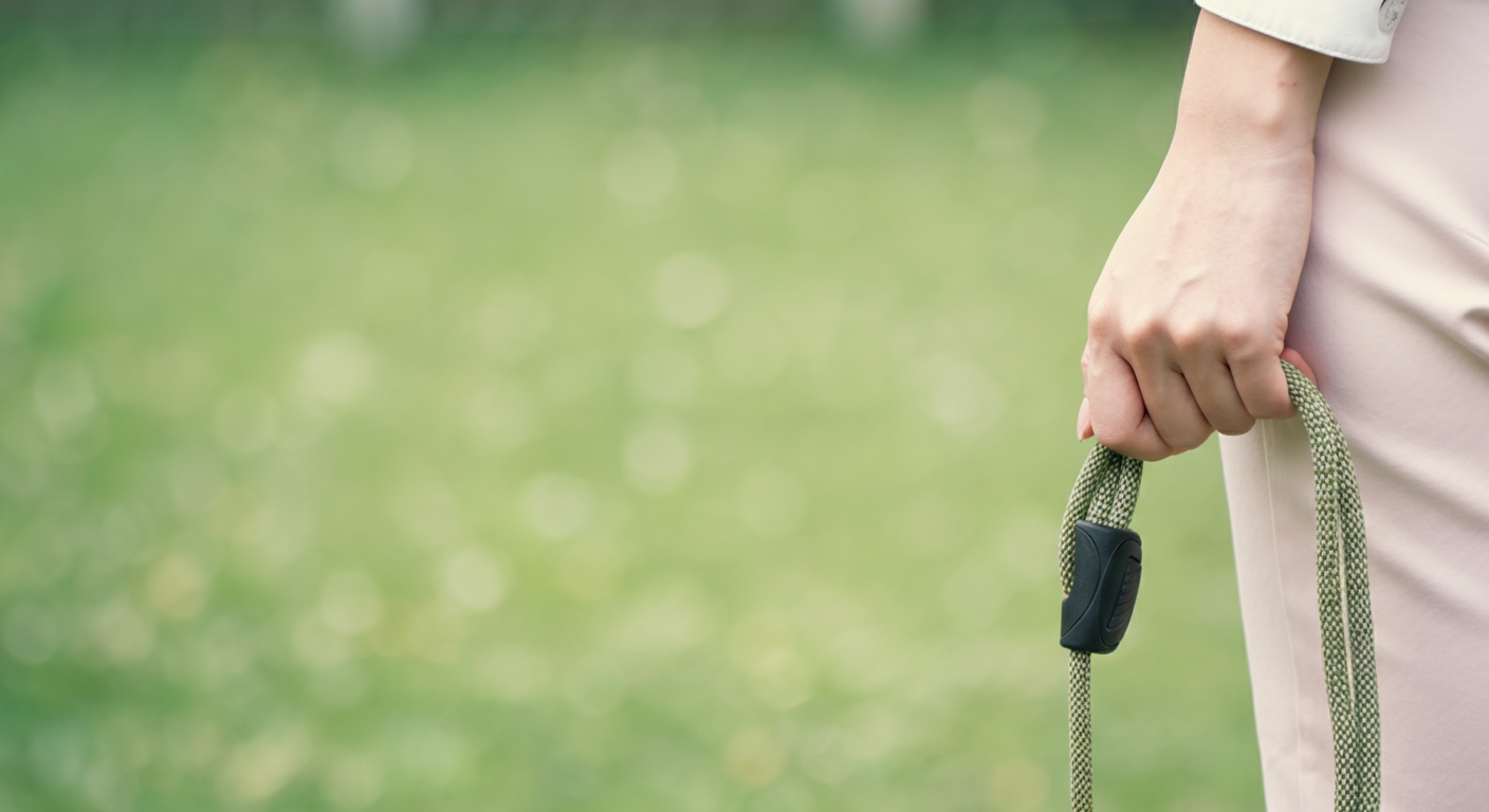 ドッグランの芝生を背景に、飼い主がループ状にまとめたリードを手に持っている。