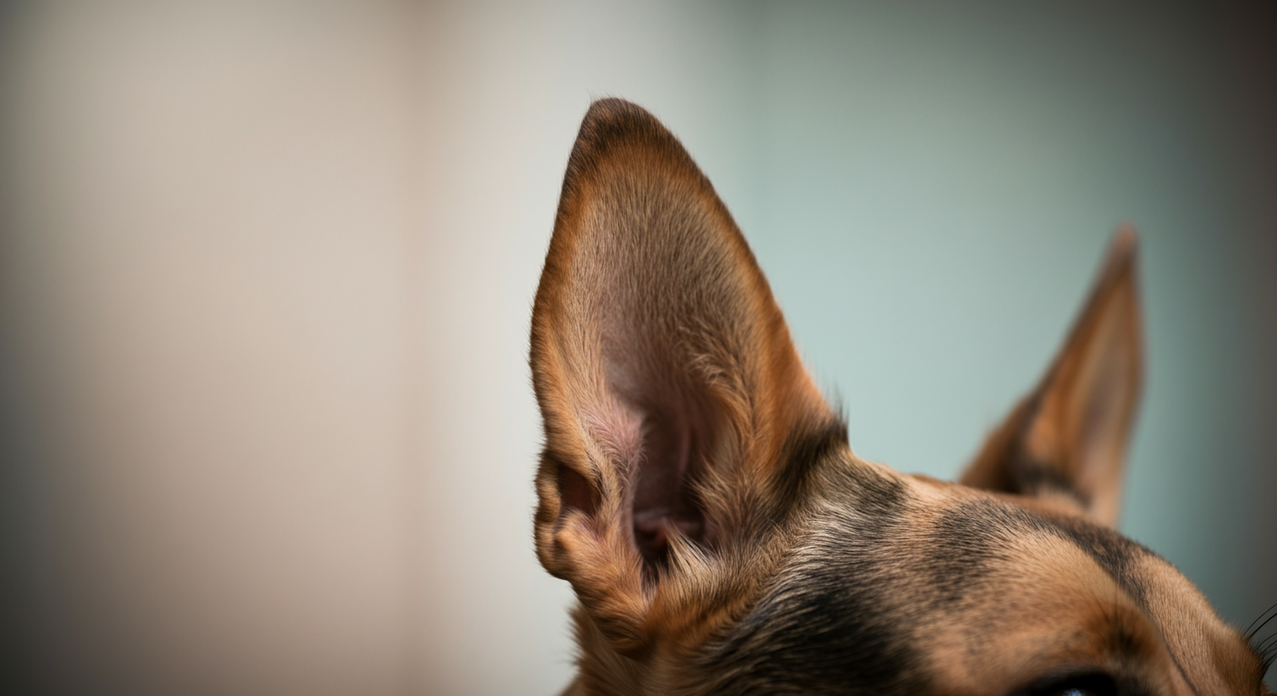 犬の耳のクローズアップ。緊張感を暗示する繊細なディテールに焦点が当たっている、ミニマルな構図の写真。