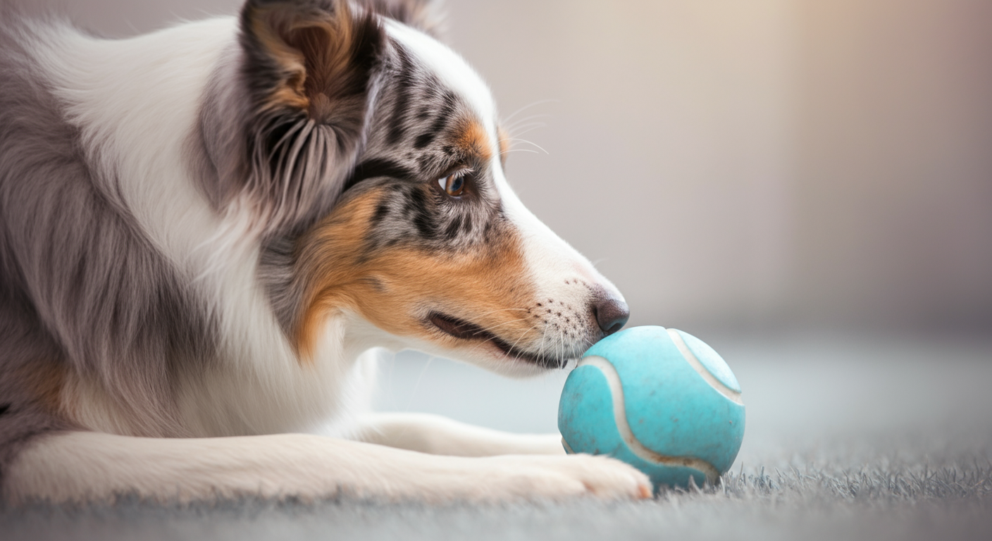 ボーダーコリーがパステルブルーのボールにそっと鼻を近づけているクローズアップ写真。
