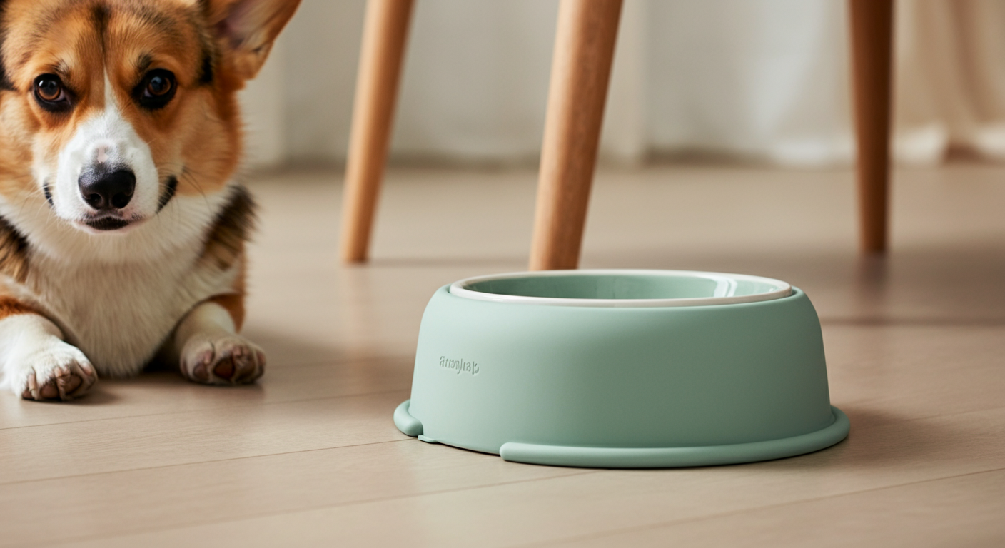どっしりとしたセージグリーンの滑り止め付き陶器製ボウルを低いアングルから撮影。横にはコーギーの前足が見えるが、ボウルは安定している。