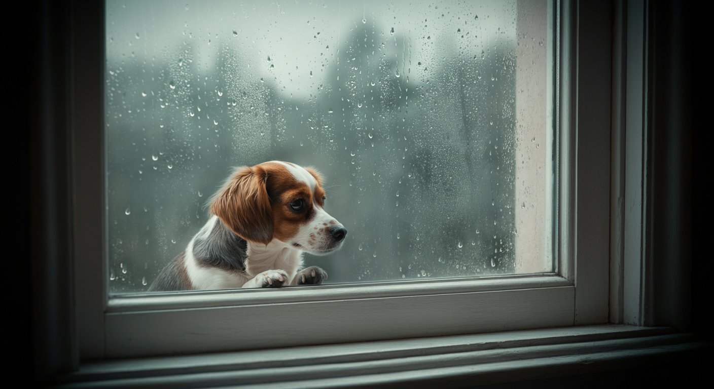 雨の日の窓の外を眺める一匹の犬
