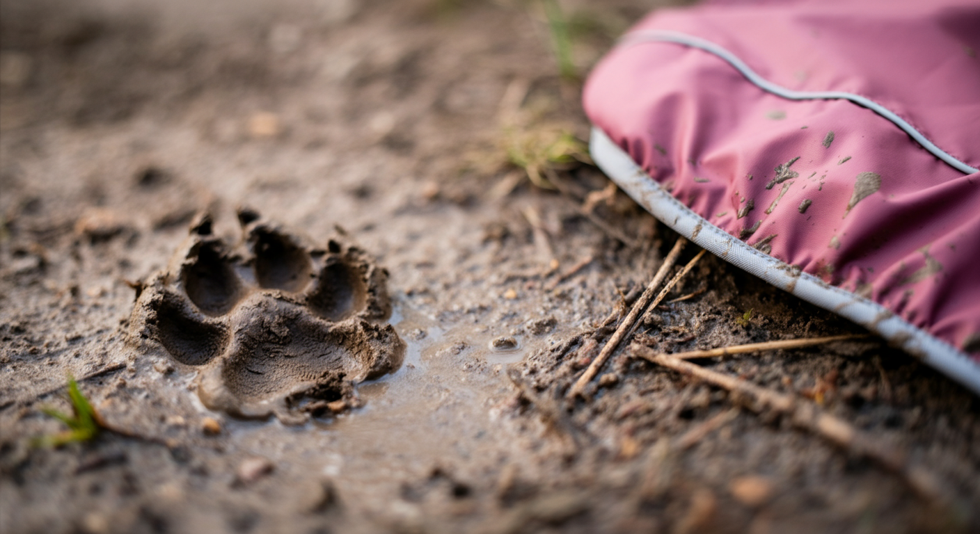 湿った土についた犬の足跡と、その横に泥がつきにくい素材のレインコートの端が写っている写真。
