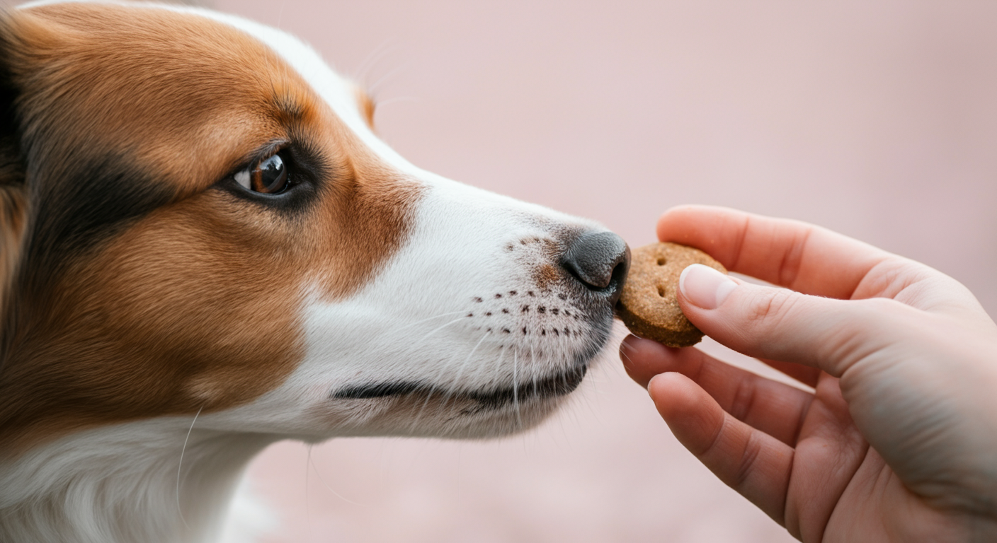 飼い主の手のひらに乗った、トリプトファンを含むイメージの犬用おやつと、それを優しく見つめる犬の鼻先。