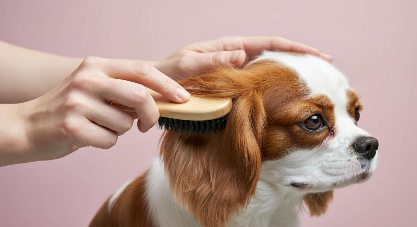 犬の毛並みを整える最後の仕上げとして、獣毛ブラシを使っている様子のクローズアップ。