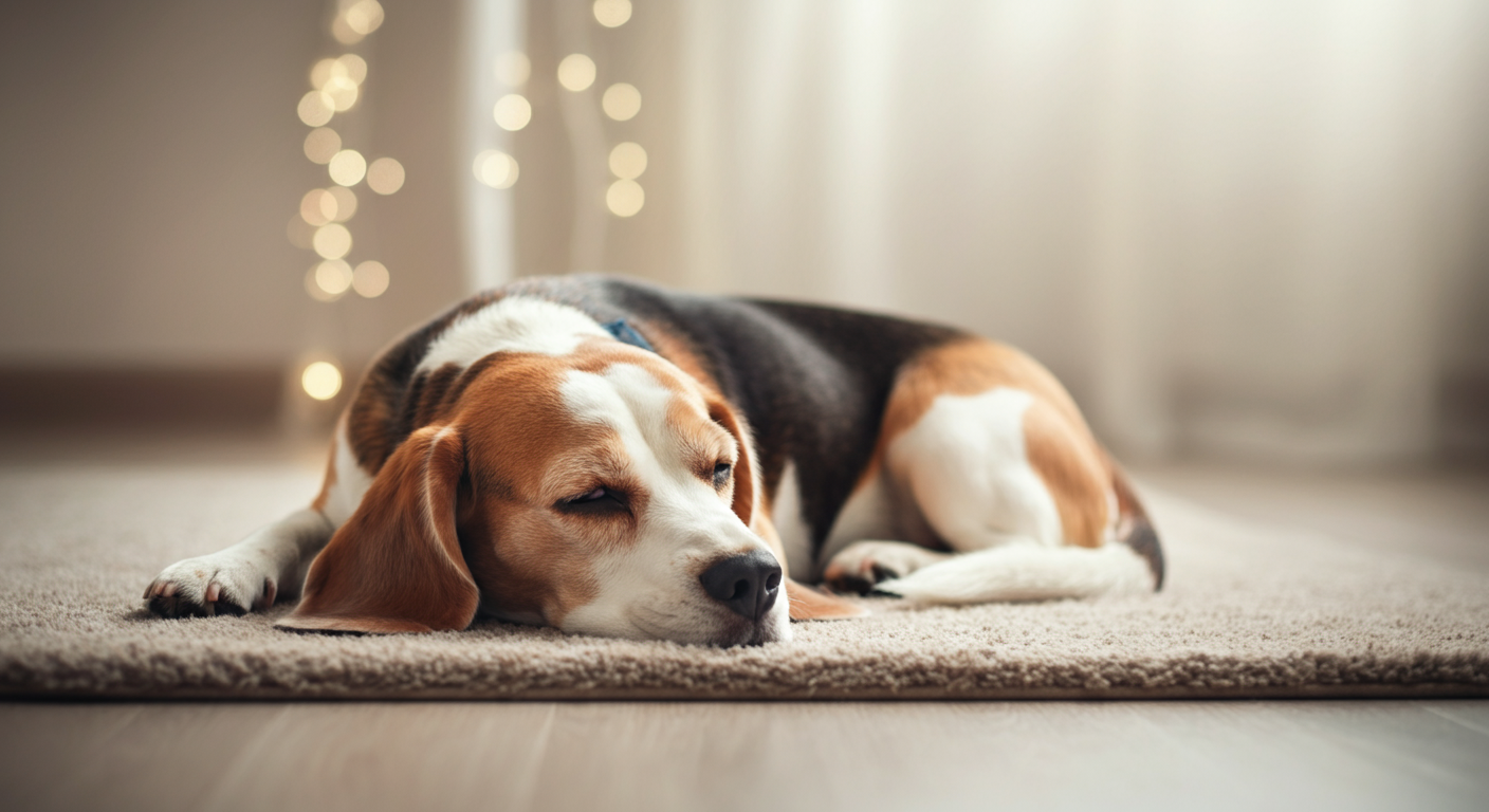 柔らかいラグの上で気持ちよさそうに眠っているビーグルの写真。穏やかな光が差し込んでいる。