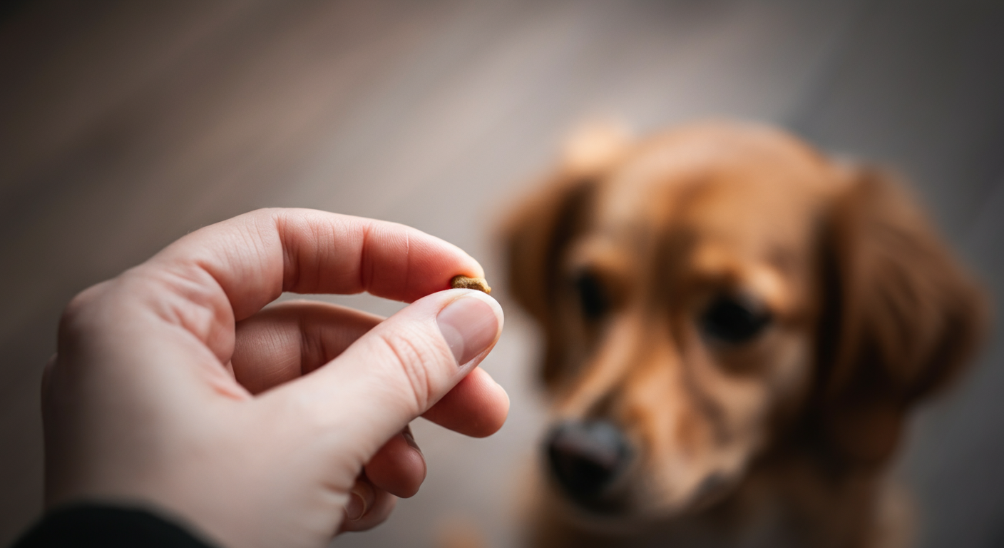 人が小さな特別なトリーツを持っている指先のマクロ撮影。背景には他の犬のシルエットがぼんやりと見える。