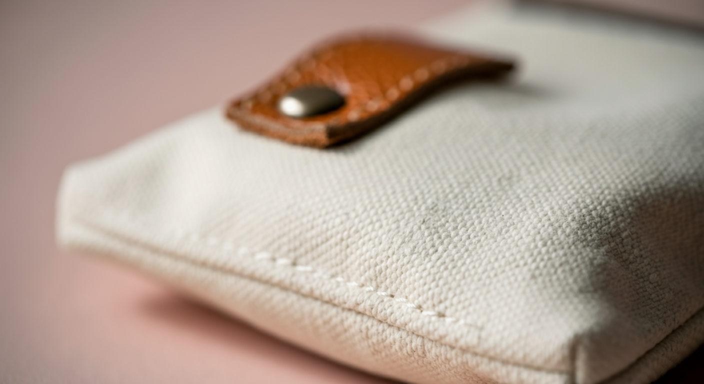 クリーム色の帆布製トリーツポーチの自然な織りの質感に焦点を当てたクローズアップ。