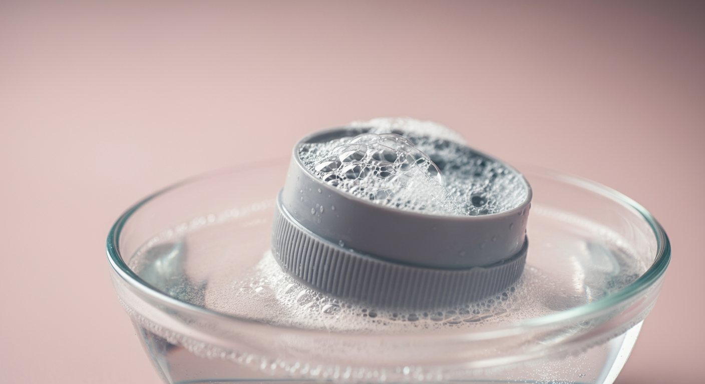 犬用給水ボトルのパッキンなどを除菌液に浸している様子。