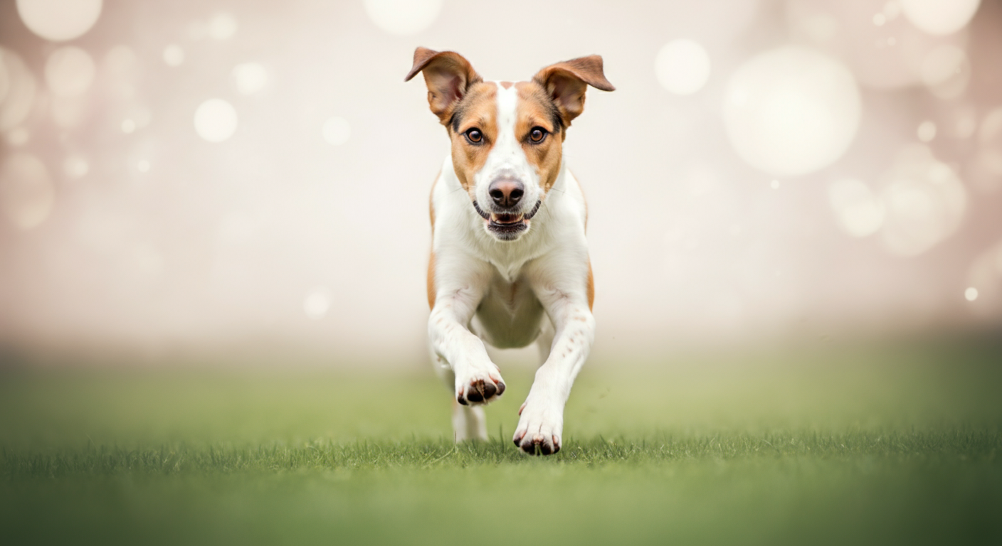 飼い主の方へ楽しそうに駆け寄ってくる犬の足元のローアングルショット