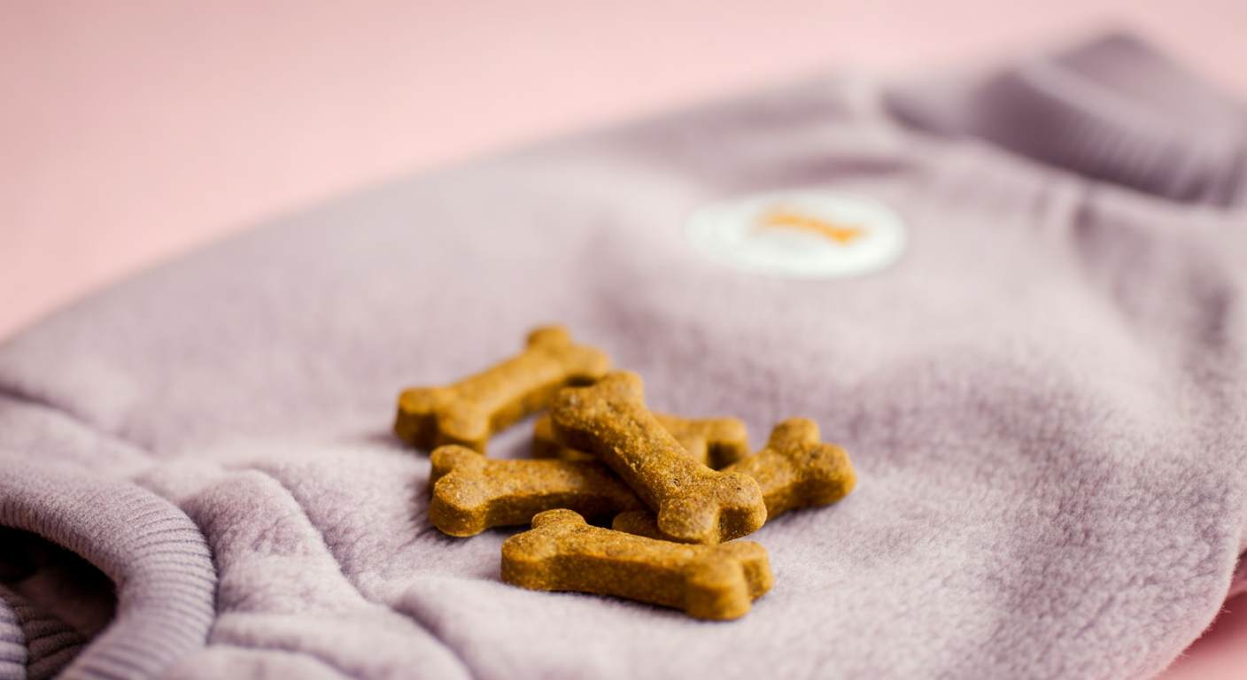 柔らかい犬用セーターの上に、犬が大好きなおやつが置かれている写真。服と良いことを関連付けるイメージ。