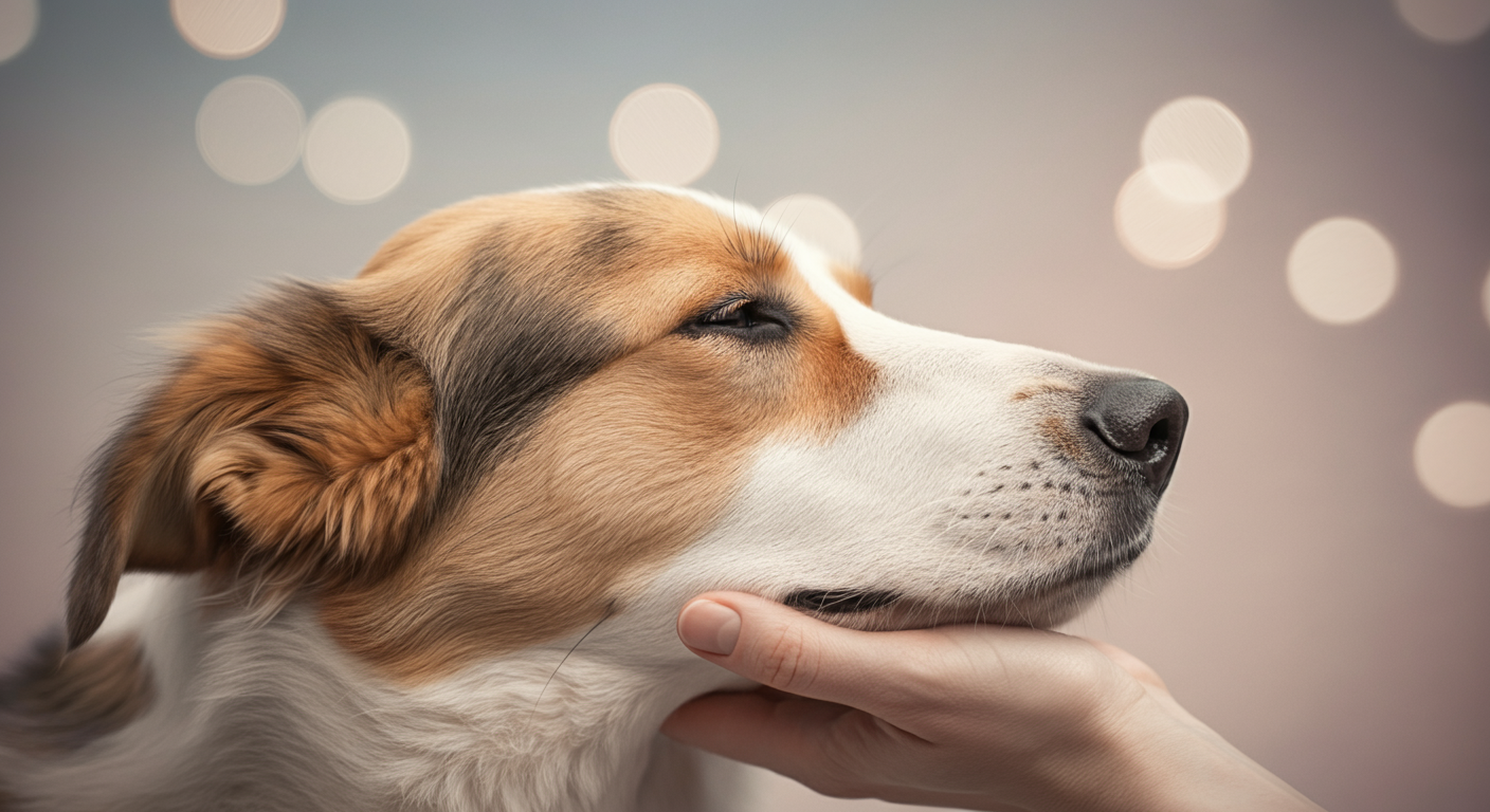パステルカラーの優しい雰囲気の中、飼い主の手が気持ちよさそうにしている犬の頭を撫でている。