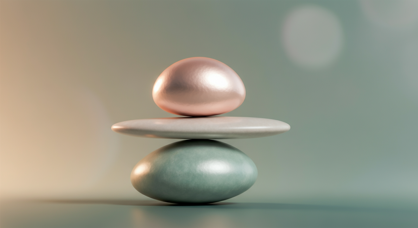 パステルカラーの滑らかな石が2つ、絶妙なバランスで積み重なっている抽象的な写真。