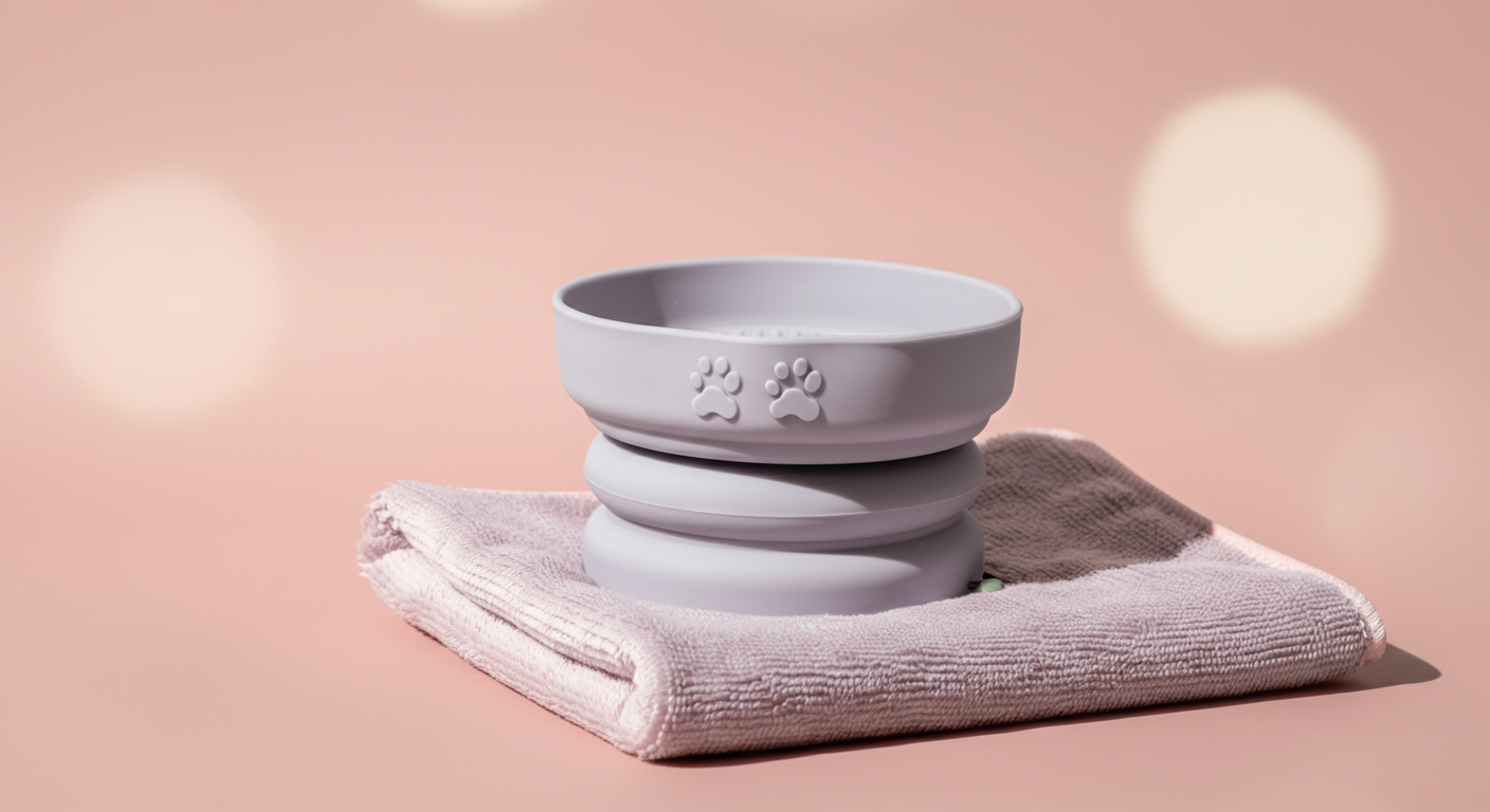 折りたたみ式のシリコン製犬用ボウルと、マイクロファイバータオル。便利グッズのイメージ。