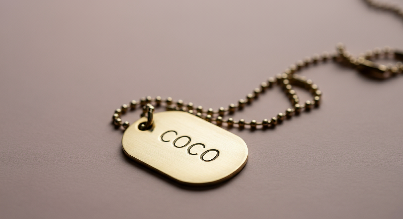 真鍮製の迷子札に「COCO」と刻印されている部分を強調した、ミニマルな写真。