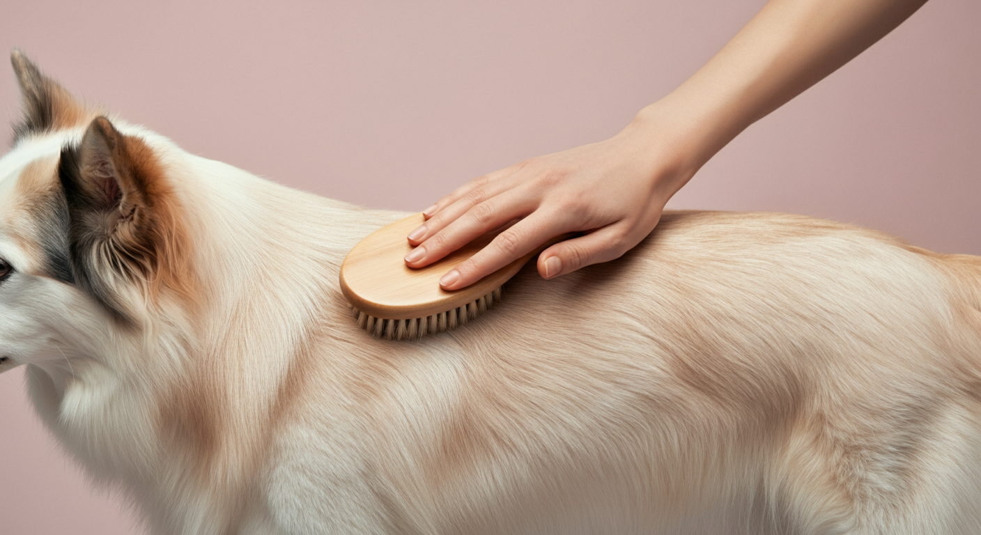飼い主の手が、犬の背中を優しくブラッシングしている。犬は落ち着いた表情で、リラックスしている様子が伝わる抽象的な写真。