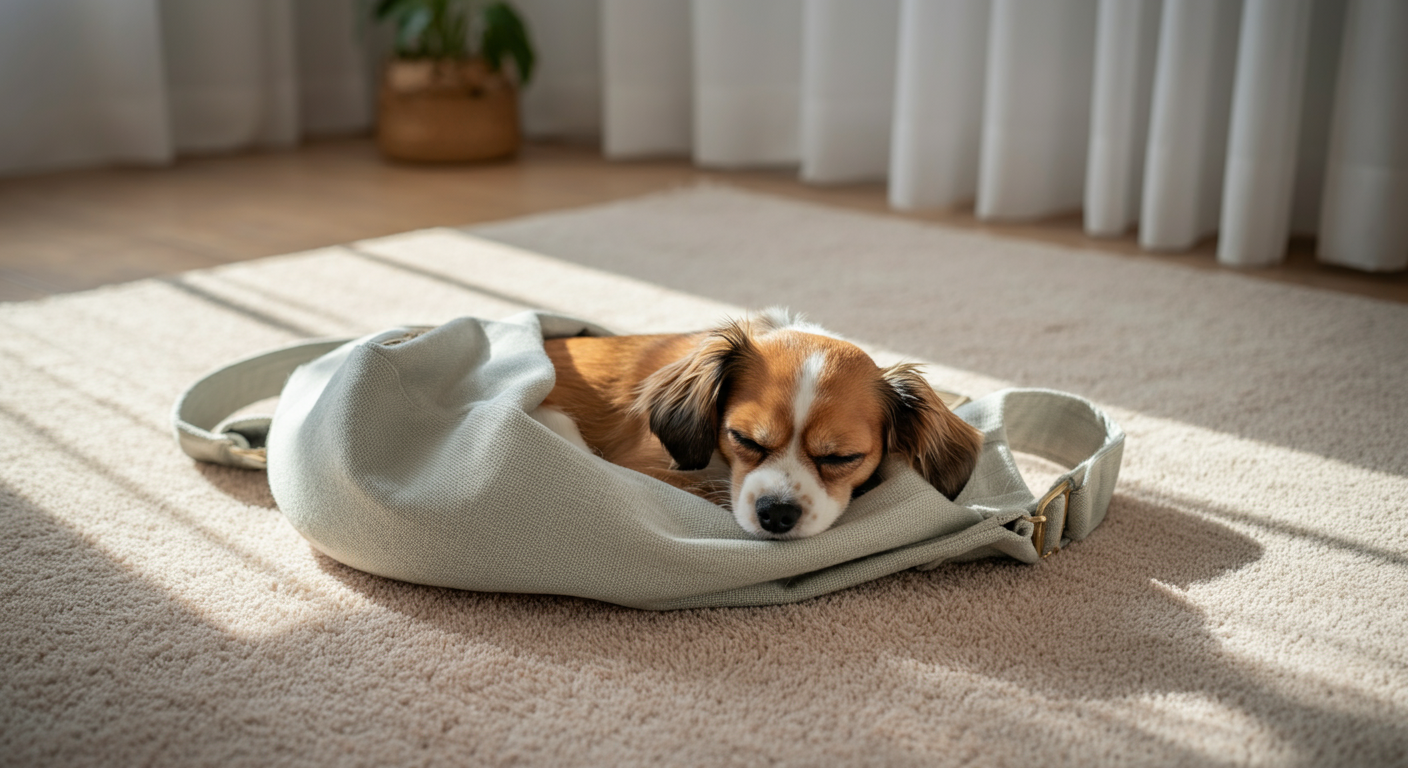 陽の当たる部屋の柔らかいラグの上に置かれたスリングバッグの中で、小さな犬が平和に丸まって眠っている。