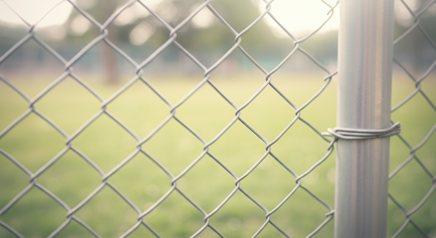 ドッグランのフェンスにピントが合い、奥の広場がぼやけている写真。遊ぶエリアを慎重に選ぶ様子を表現している。