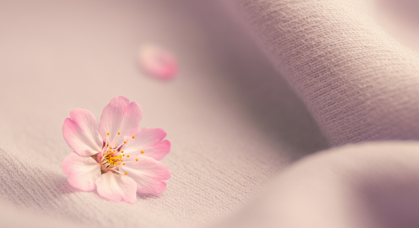 女の子特有のニーズへのケアを象徴するように、桜の花びらを優しく包み込む布の形の抽象的なイメージ。
