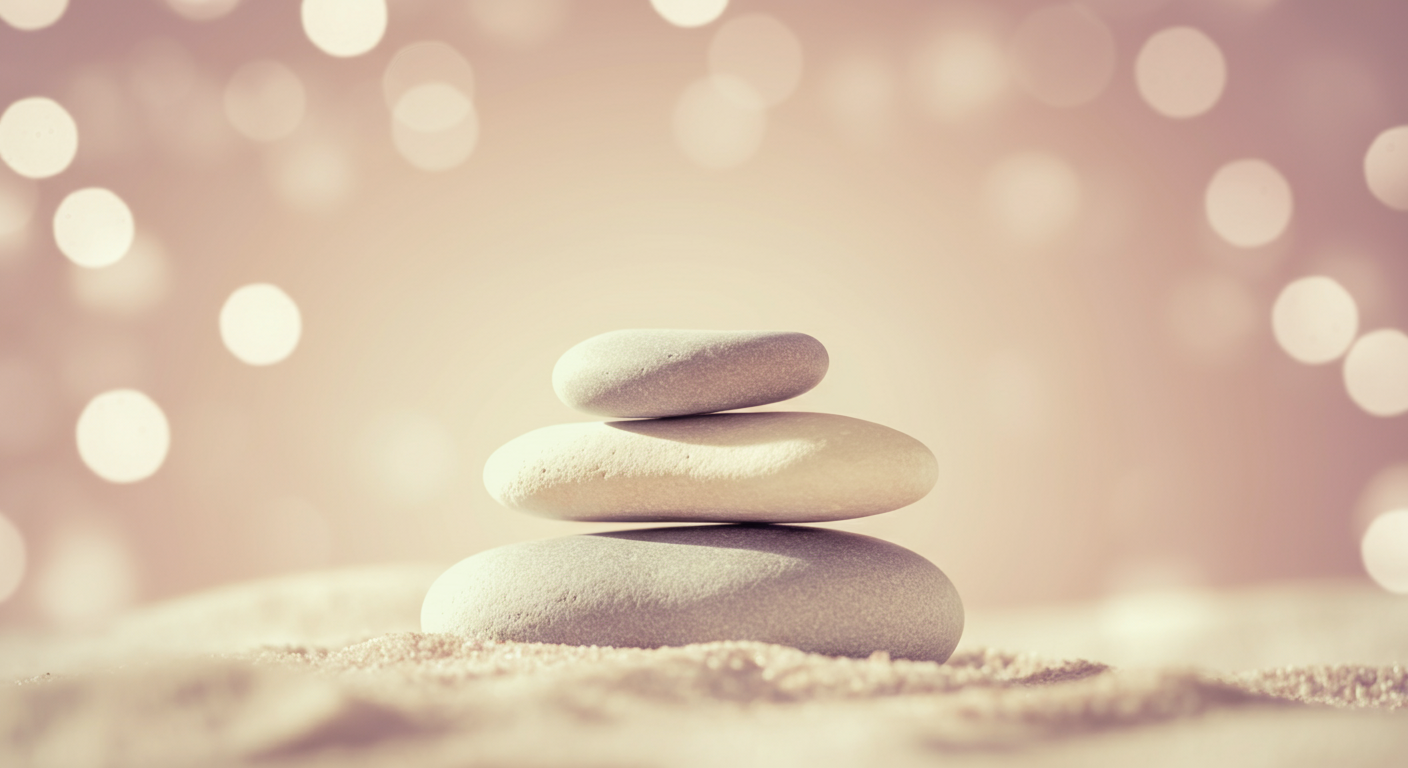 バランスよく積み上げられた3つの滑らかな石。心身のバランスと健康を象徴する写真。
