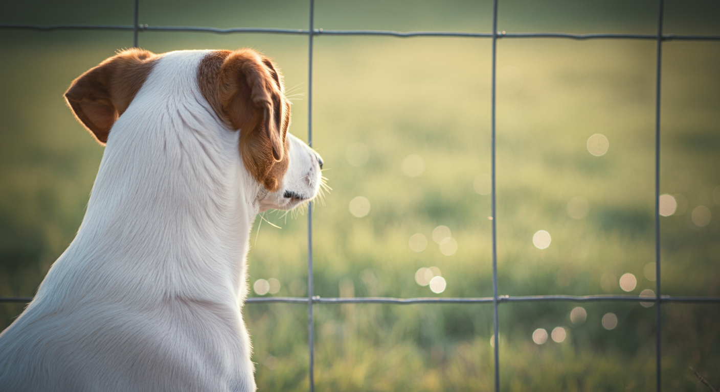 一匹の犬が、金網フェンス越しに、ぼやけた緑の広場を静かに眺めている後ろ姿。
