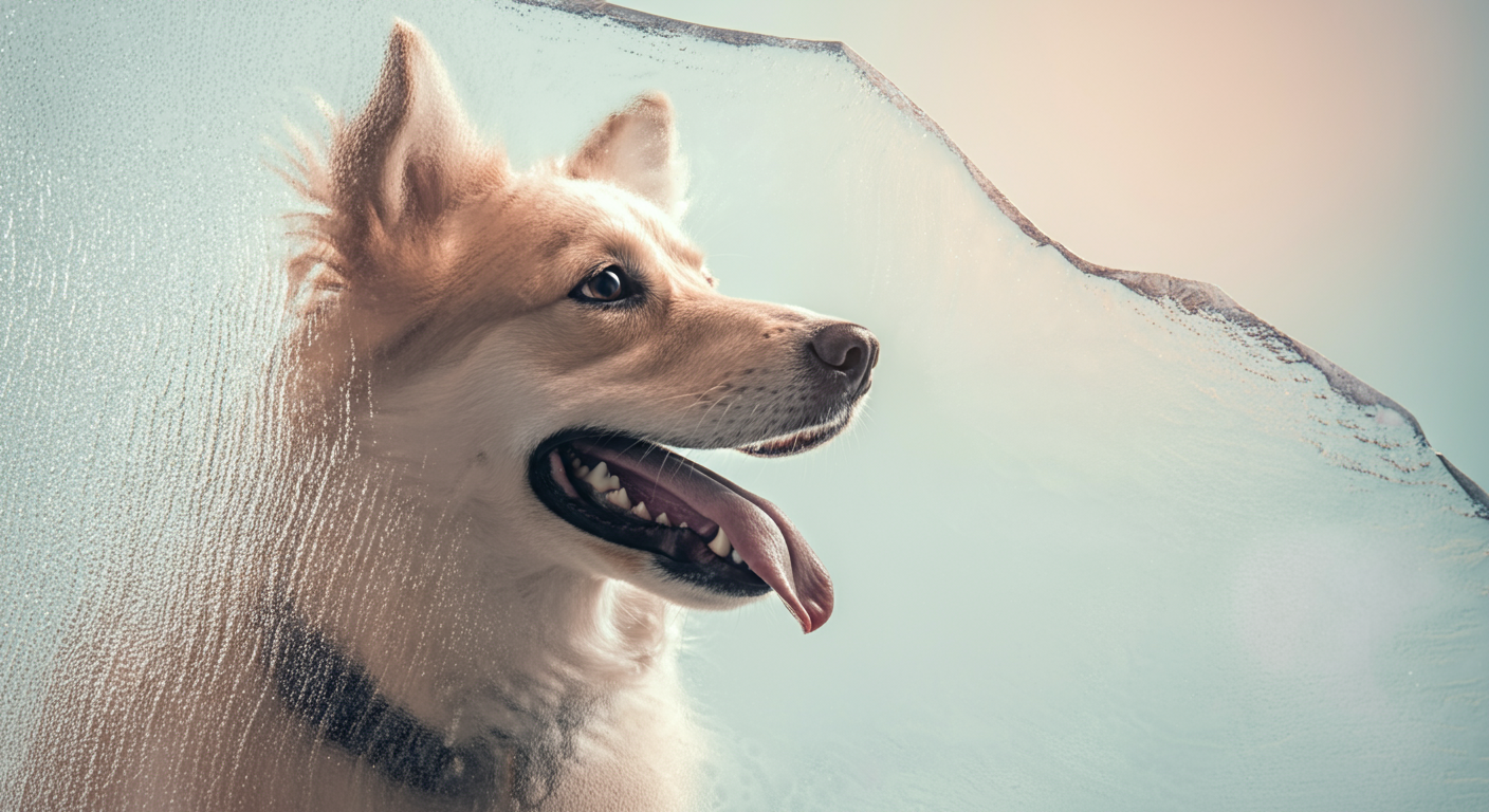 舌を出している幸せそうな犬のシルエットが、氷のような質感のガラスを通して見えている。光が屈折し、涼しげな雰囲気を作り出している。