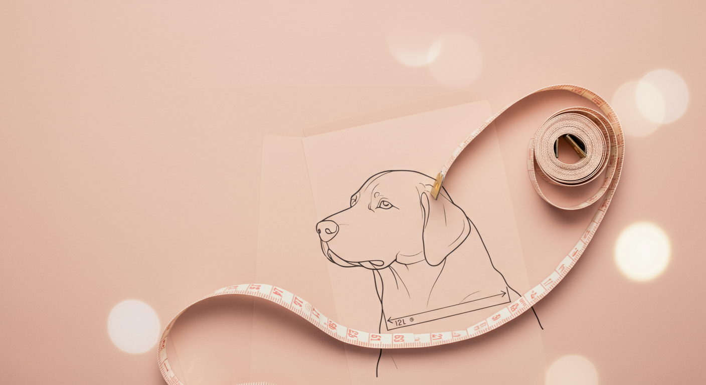 犬の頭部のイラストの横に置かれた、柔らかなメジャー。