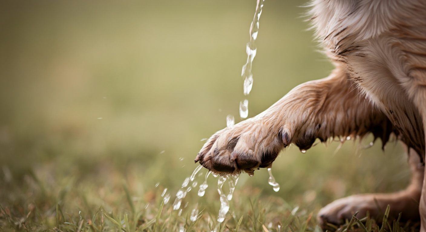 給水ボトルの水で、泥のついた犬の足を洗い流しているクローズアップ。