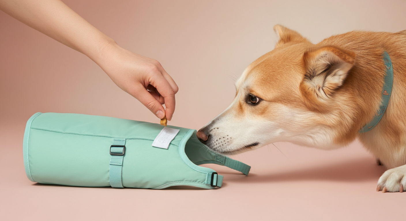 クールウェアの上に乗せられたおやつを犬が食べようとしている