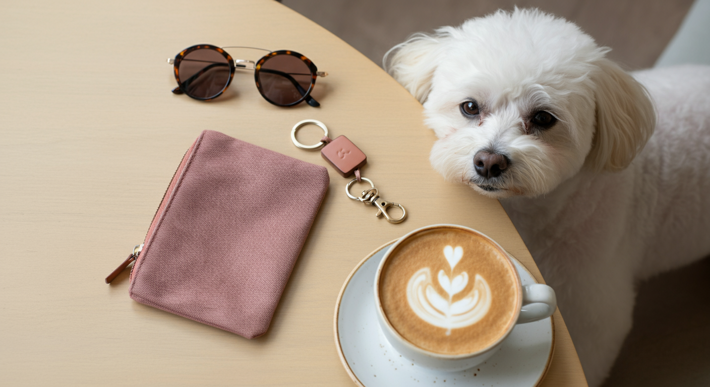 ダスティーローズ色の上質なレザー製マナーポーチ、サングラス、コーヒーカップがおしゃれに並べられた俯瞰写真。