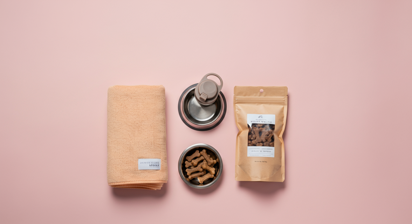 冬の犬の散歩に必要な持ち物（マイクロファイバータオル、水筒、おやつ）が綺麗に並べられた俯瞰写真。