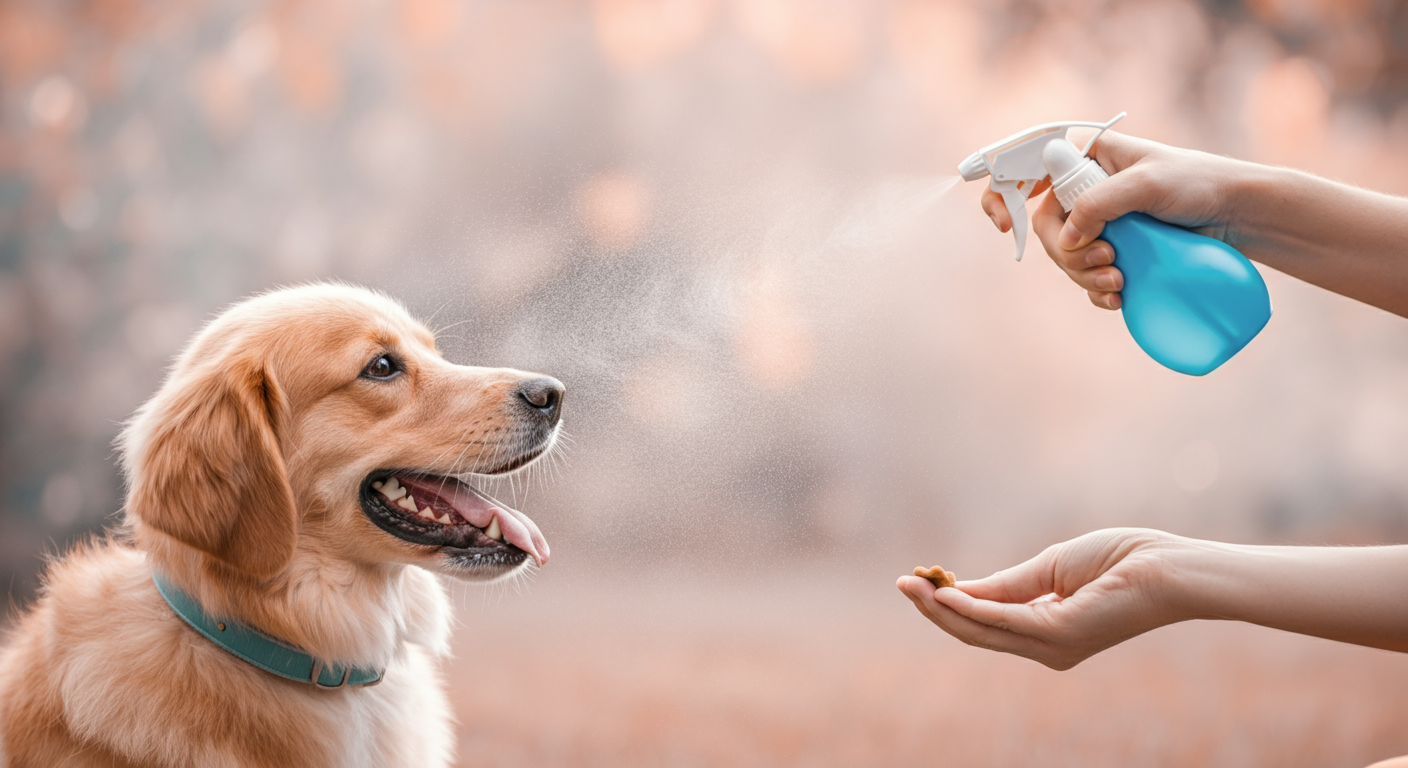 飼い主が犬とは関係ない方向にスプレーを噴射している。その直後に、ぼやけた犬がおやつをもらっている。