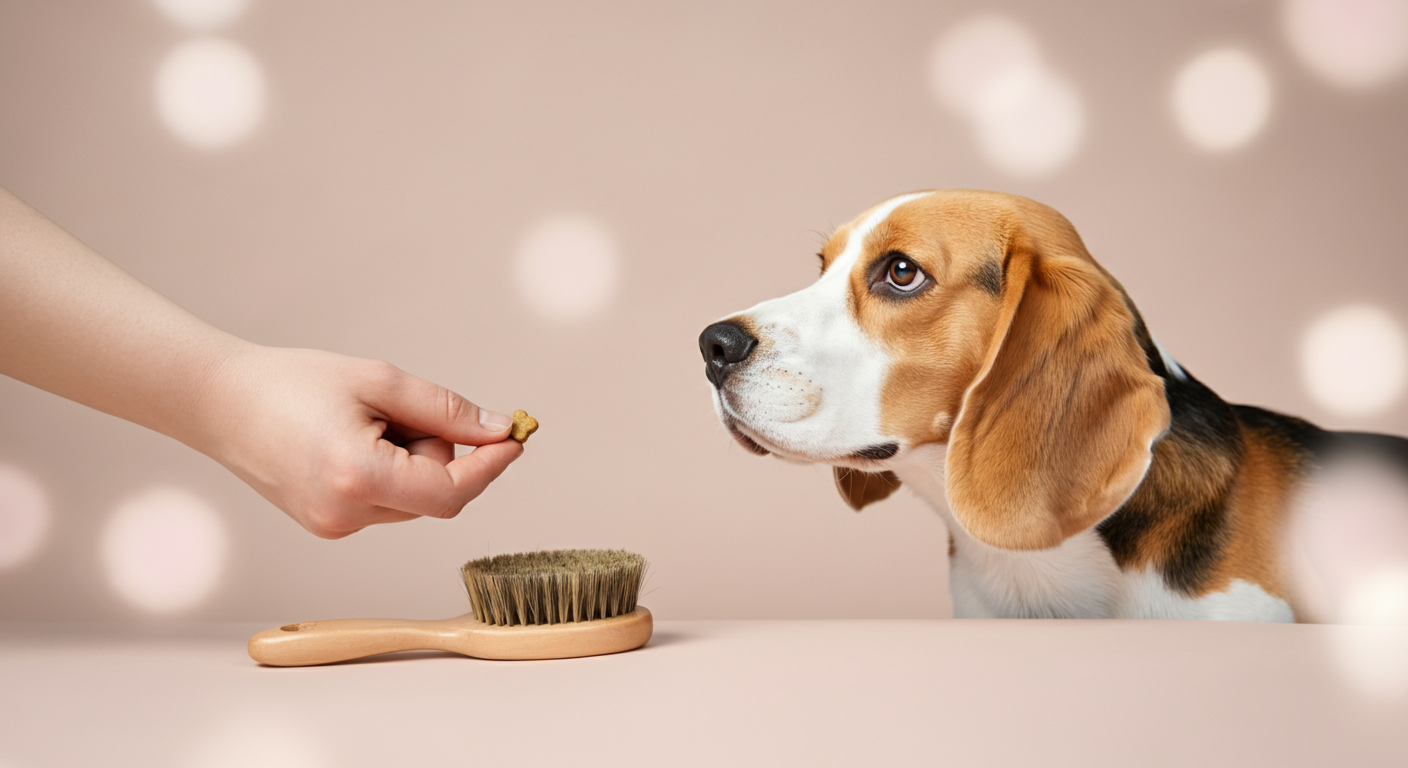 飼い主の手から犬用のおやつを受け取ろうとするビーグルの鼻先の写真。