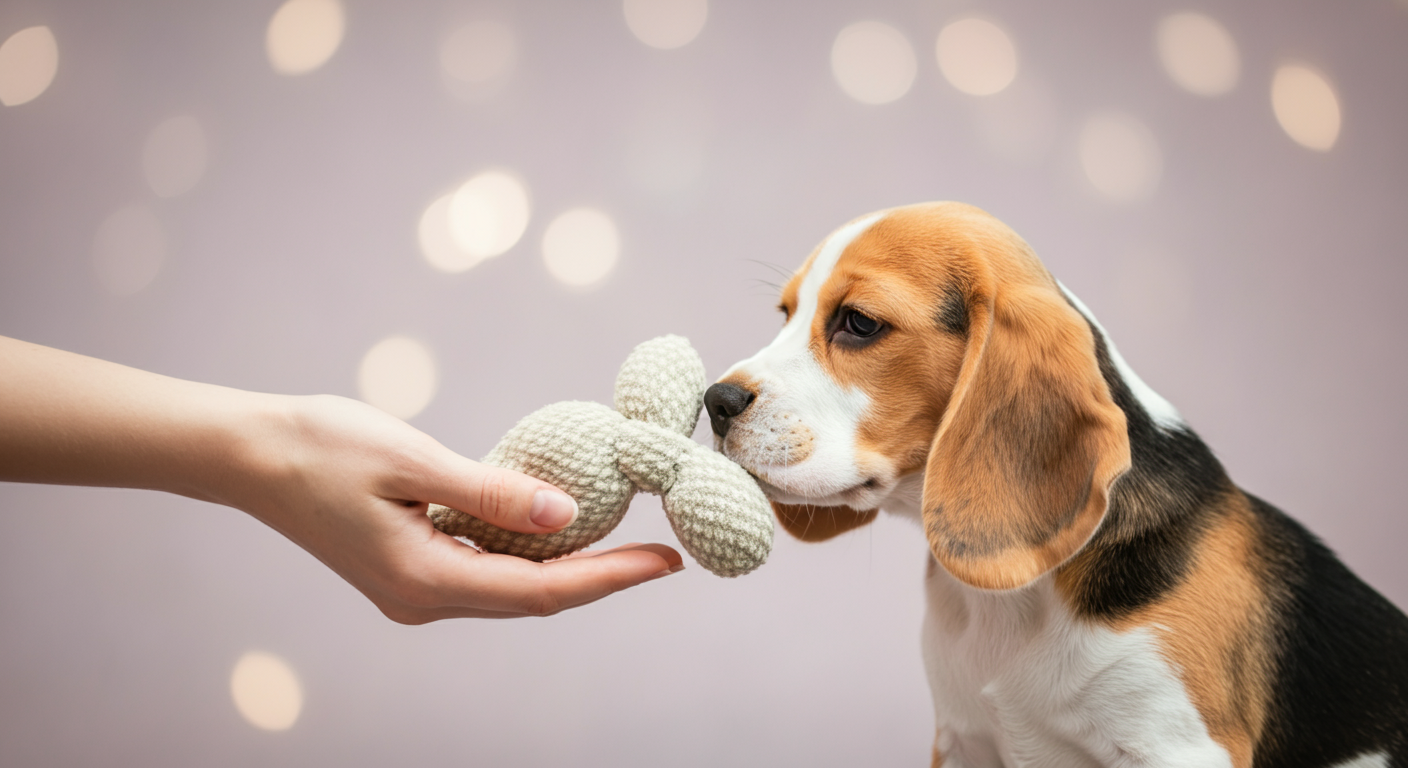 ミニマルなスタイルで撮影された、ビーグルの子犬が飼い主の手に優しくおもちゃを渡している様子のクローズアップ写真。信頼関係を象徴している。