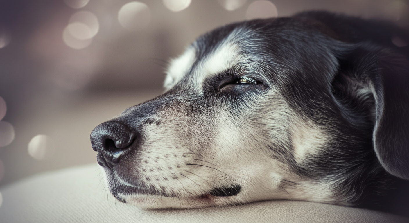 穏やかな表情で眠るシニア犬の顔のクローズアップ写真。