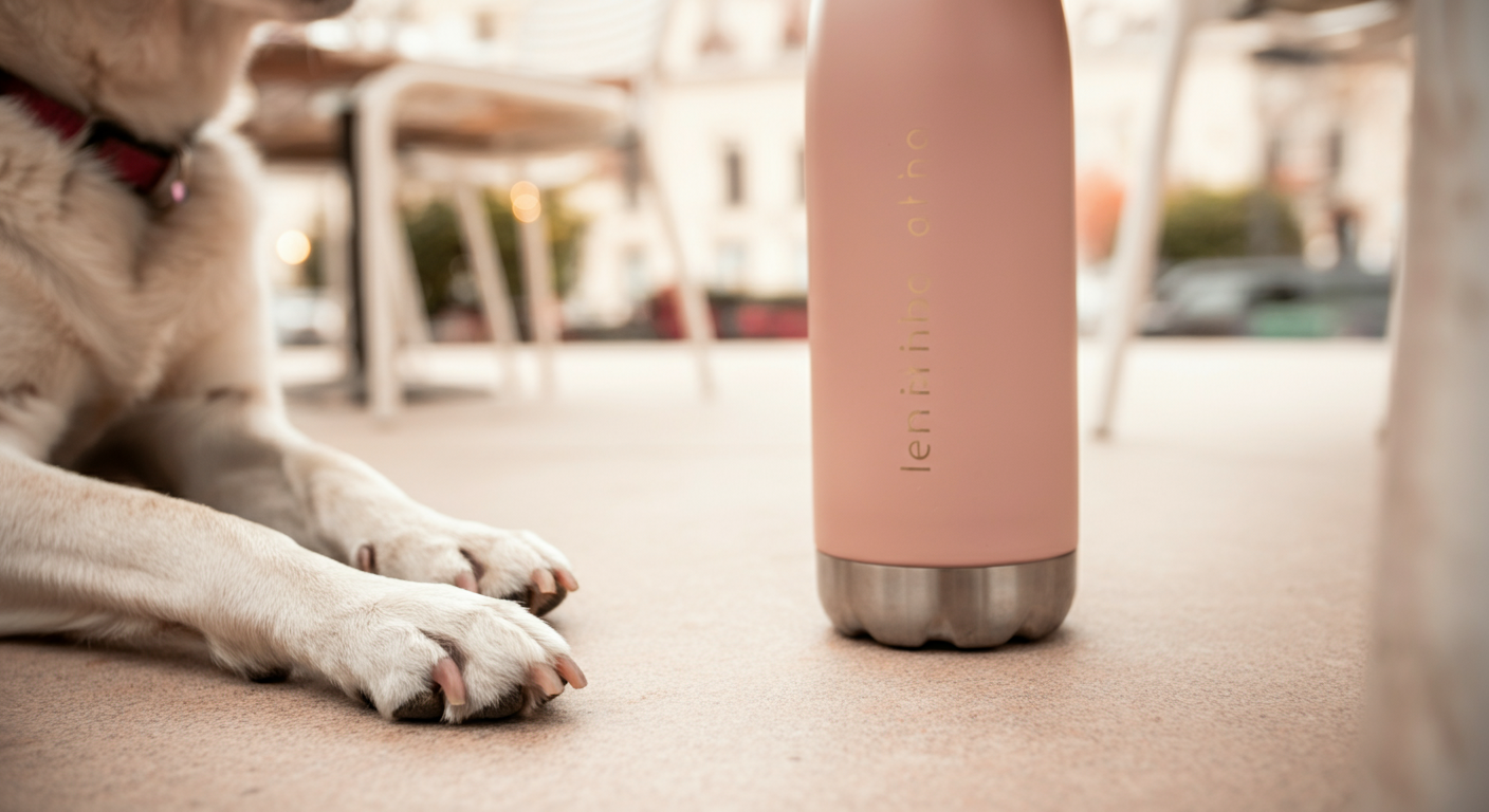 おしゃれなカフェのテラス席のテーブル下で、伏せをしている犬の足元と給水ボトル。