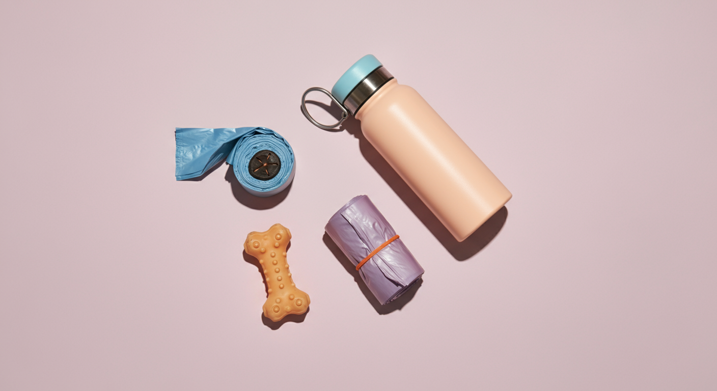 パステルカラーを基調とした、犬用の水筒、うんち袋、おもちゃが綺麗に並べられたフラットレイ写真。