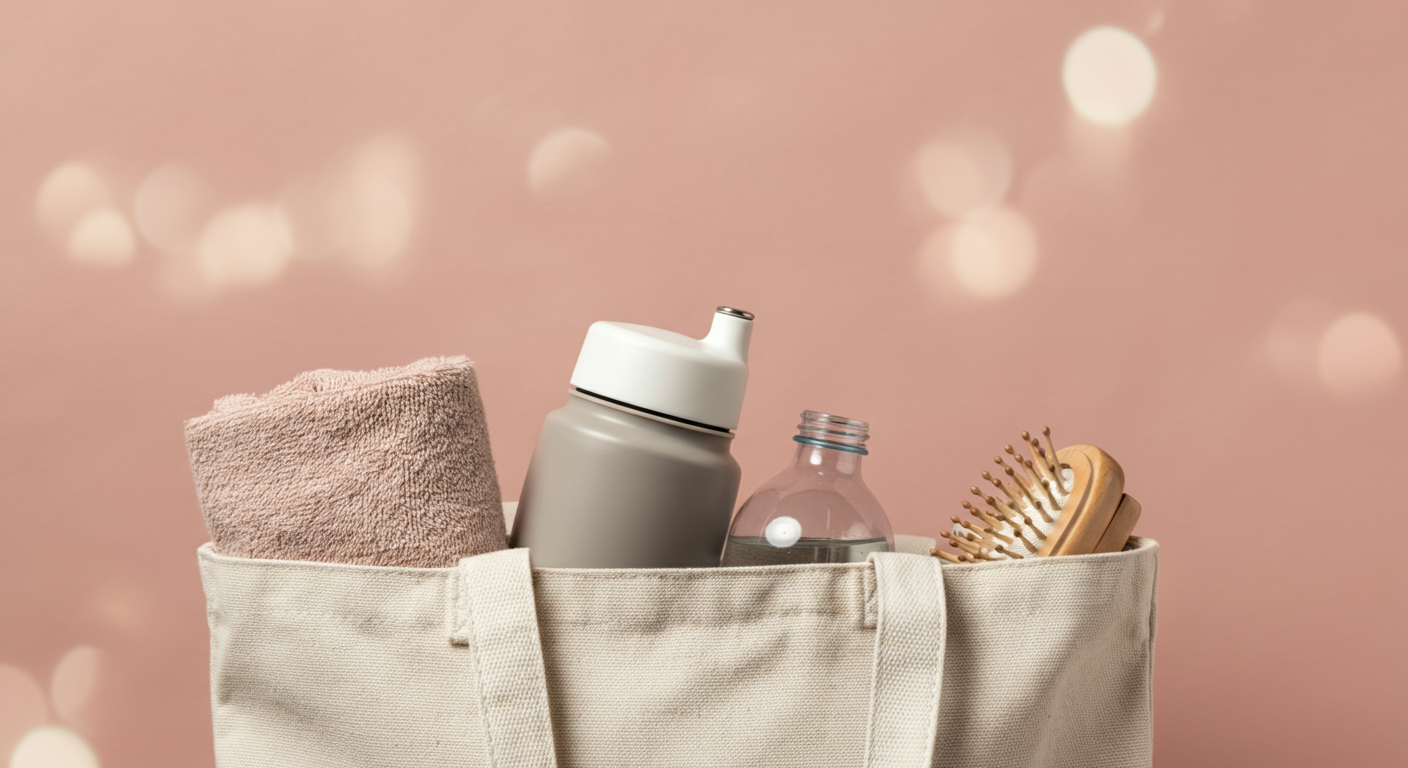 おしゃれなトートバッグから、犬用のタオルや水筒、ブラシが少しだけ見えている。