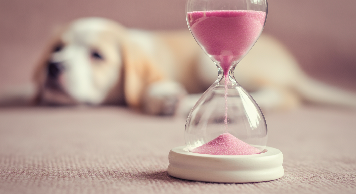犬のシルエットがぼやけて見える背景に、パステルピンクの砂が入った砂時計のミニマルな写真。